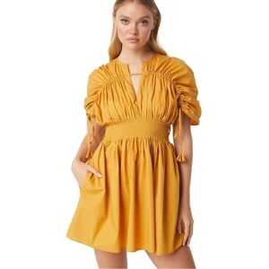 MISA Los Angeles Camila Shirred Puff-Sleeve Sz S Drawstring Gold Mini Dress